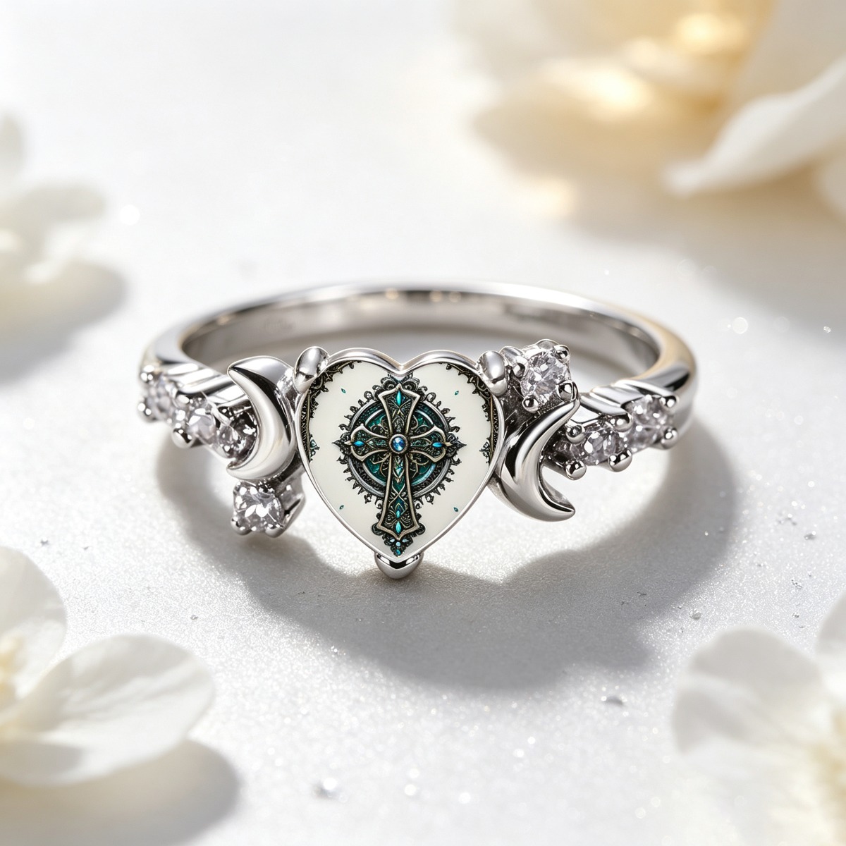Women's Vintage Celtic Cross Heart Ring with Stones, Gothic Religious Gift